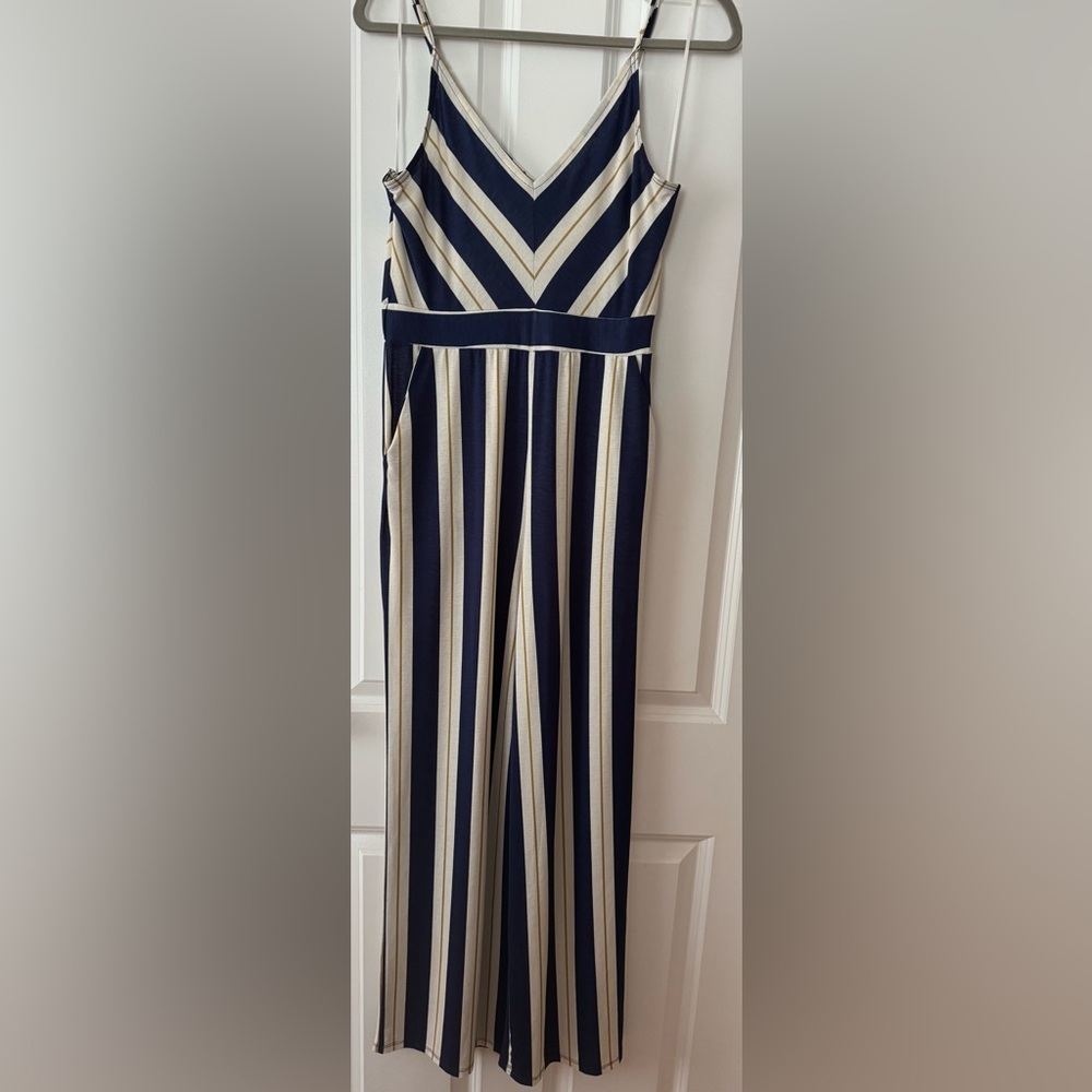 Blu Pepper Blue and White Striped Jumpsuit with Chevron V-Neck